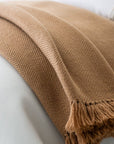 close up detail of the Savona throw in the color camel