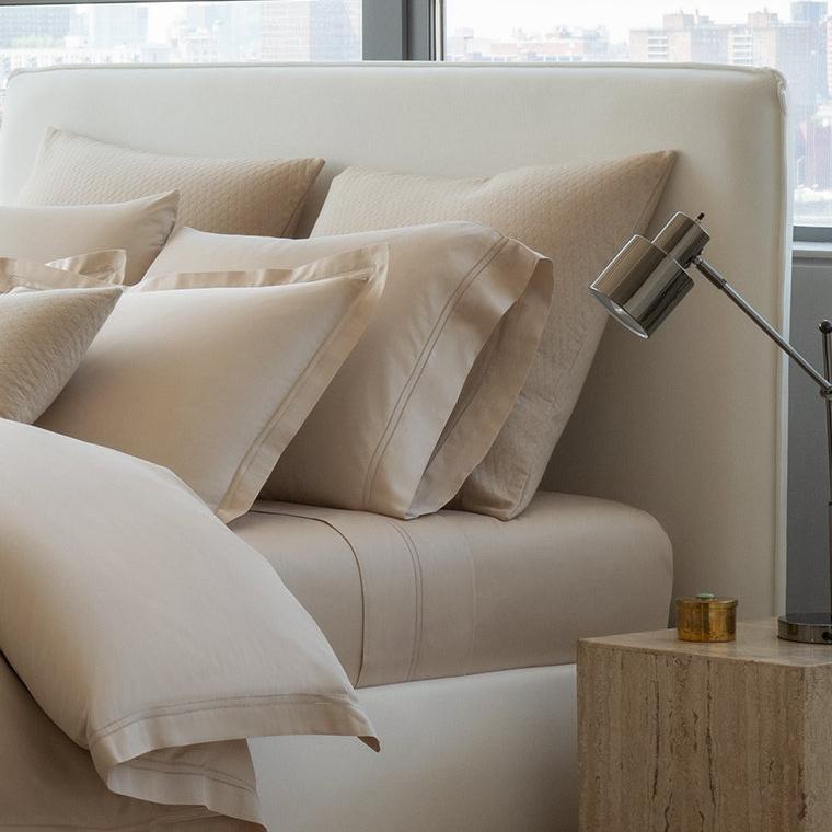 close up detail of Lucea Fawn and Ravello Shams in Linen