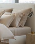 close up detail of Lucea Fawn and Ravello Shams in Linen