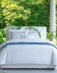 full bed shot of Lisetta Cloud paired with our San Remo in Cloud and our Carlotta cashmere throw in Aegean