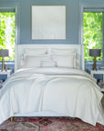 full bed shot of Lucea Sea Island in the color fawn paired with Ravello's Euro Shams in Pearl
