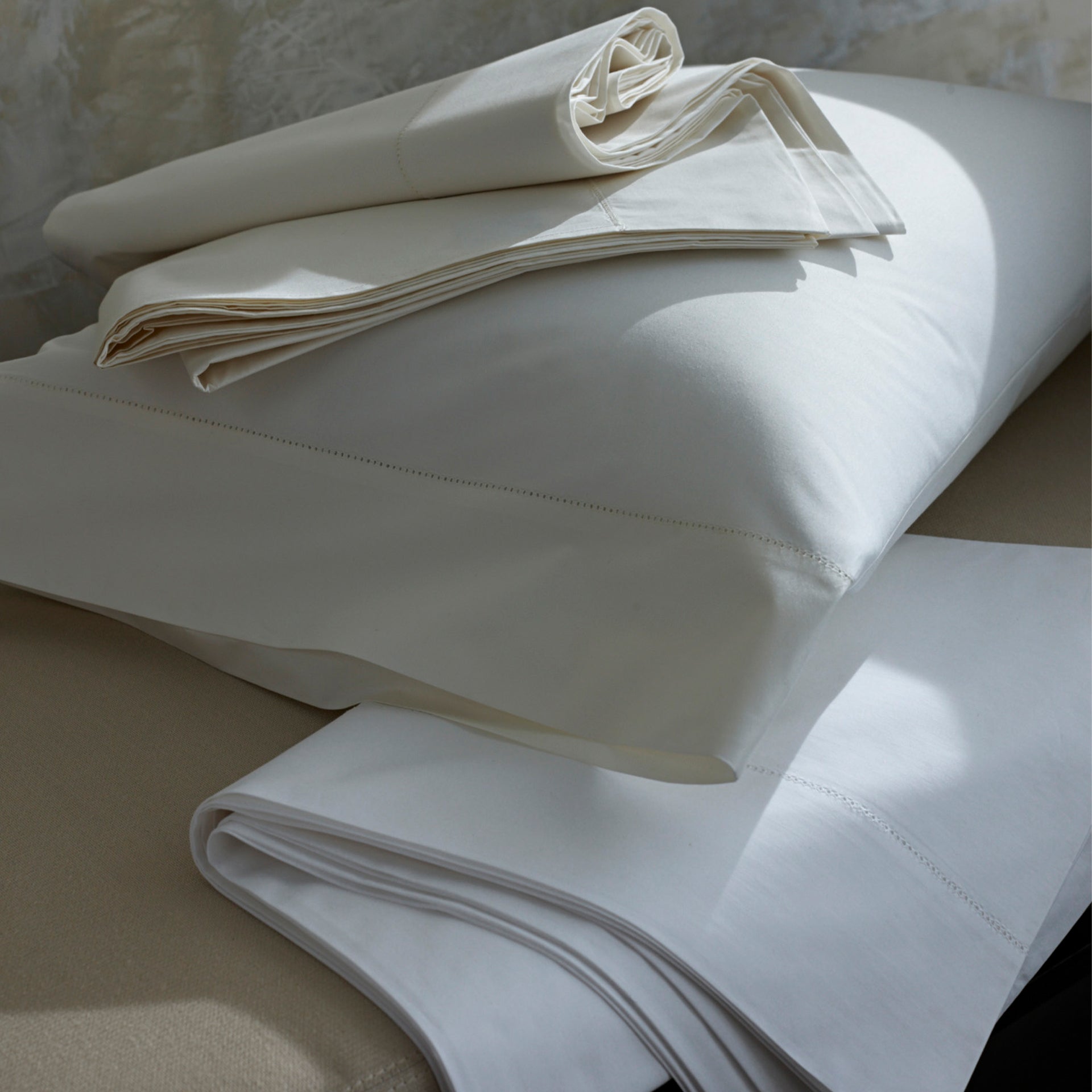 classic natural percale pillowcase in ivory showing hemstitch detail. Pillowcase sold in pairs