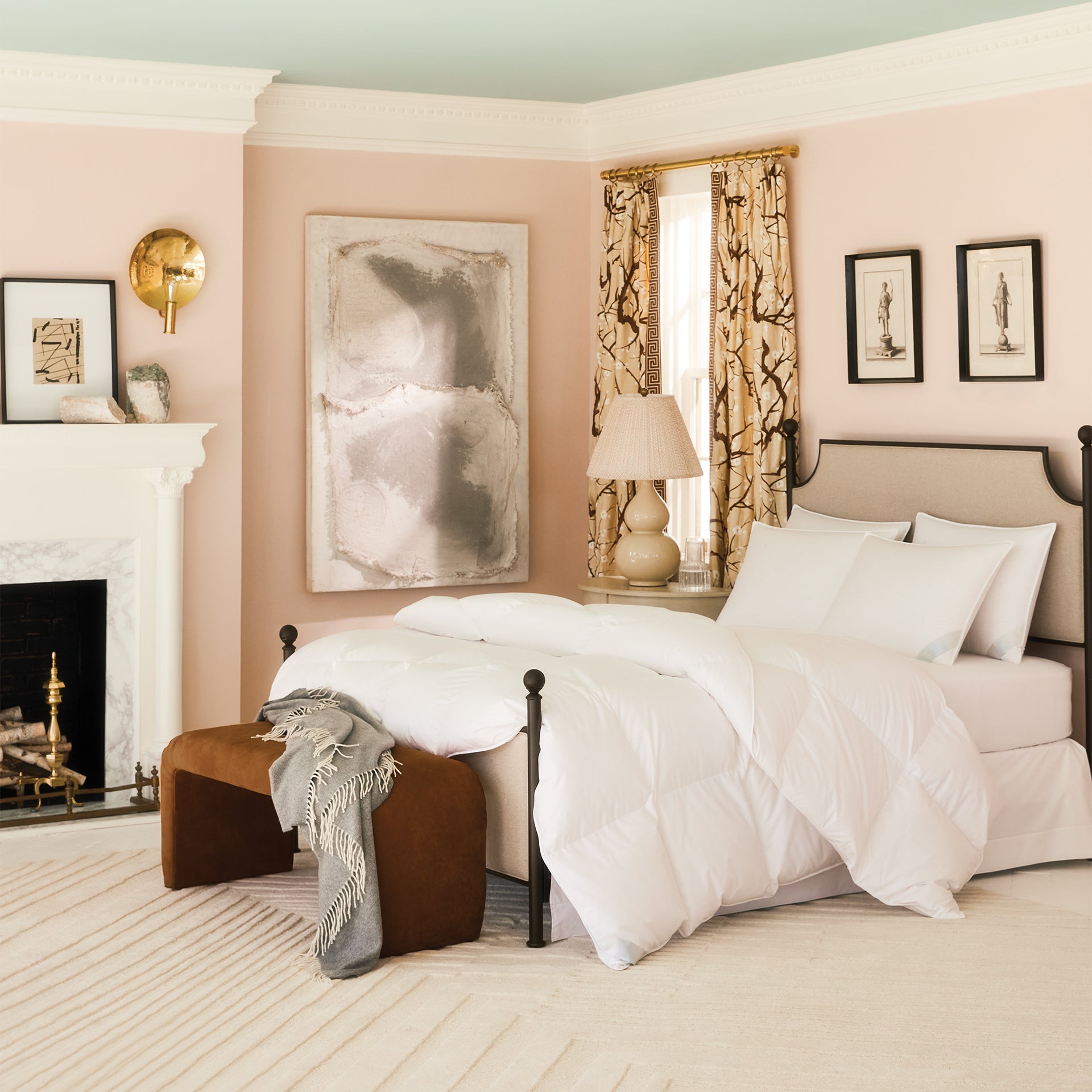 scandia home salzburg down pillows with comforter shown in a bedroom