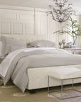 stresa sateen knife edge duvet cover in the color shadow features a button closure and ribbon ties inside each corner 