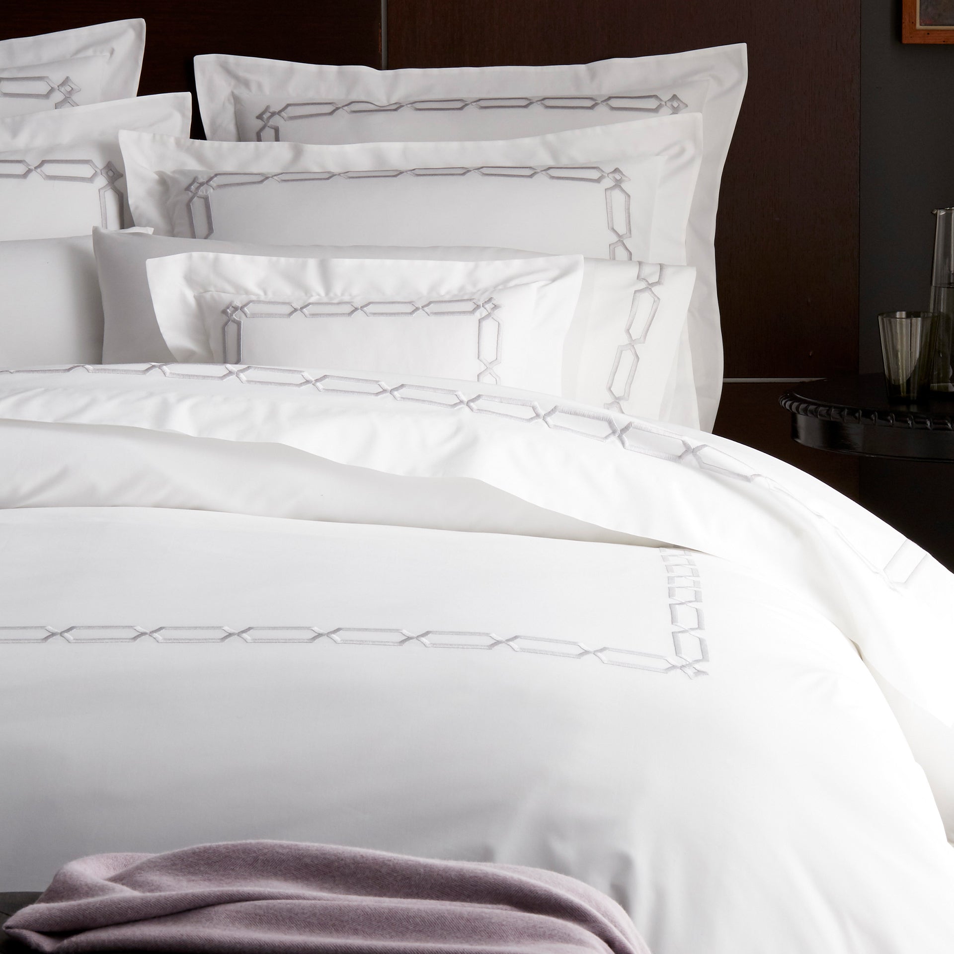 arezzo pillowcase shown on bed accompanied with standard and euro shams. 400 thread count, Egyptian cotton pillowcase, #color_shadow & white