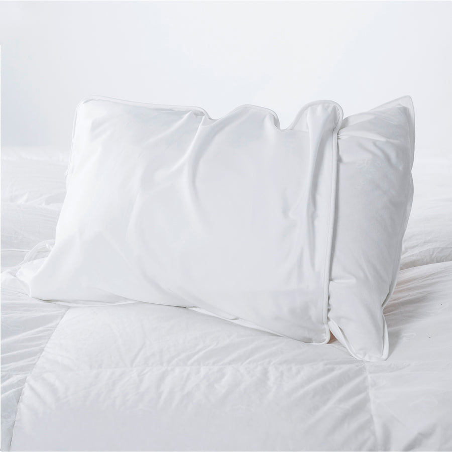 the travel pillow fits perfectly inside the zippered pillowcase of silky-smooth 300 thread count egyptian cotton