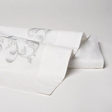 san remo embroidered flat sheet in the color shadow & white. Pattern features 15" repeats, #color_shadow & white
