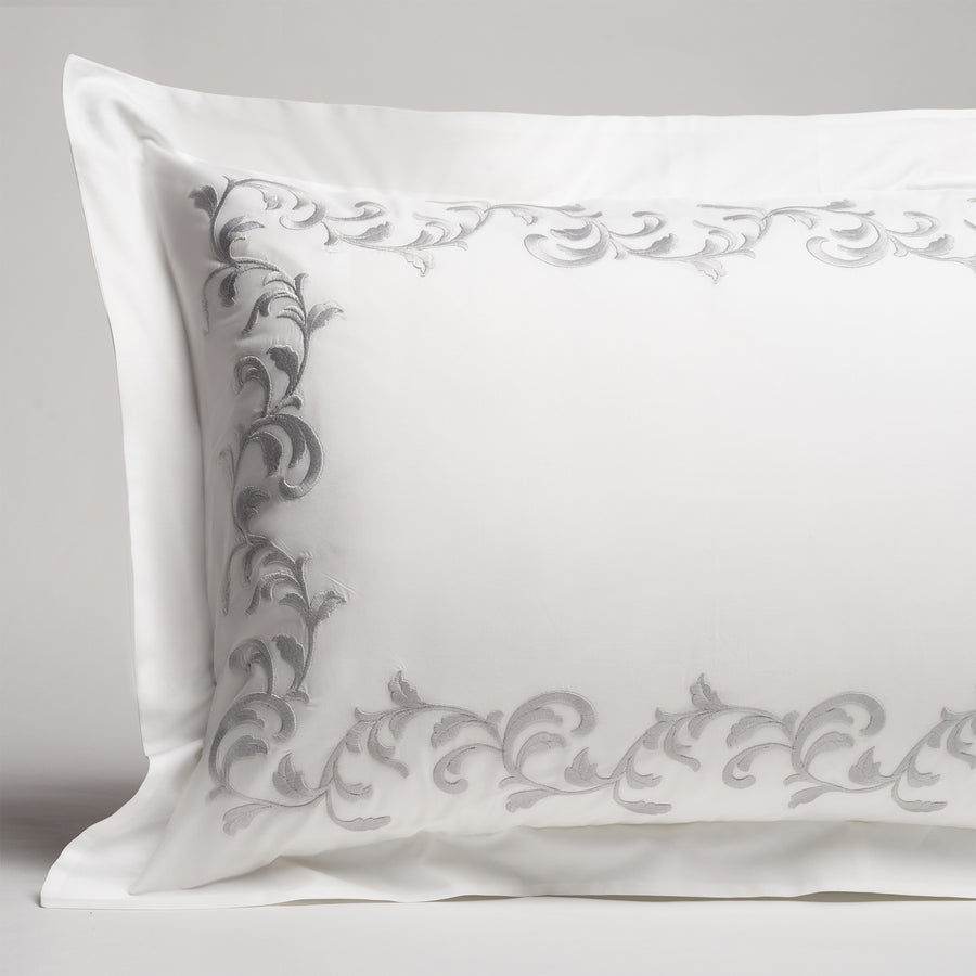san remo embroidered sham in the color shadow & white with a frame style pattern featuring 15" repeats, #color_shadow & white