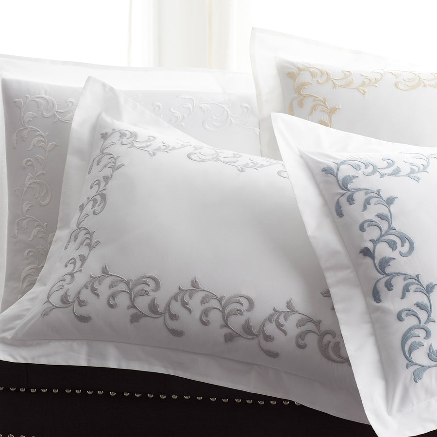 san remo embroidered standard shams showing the chain embroidery detail in all available color ways