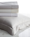 savoia fitted sheets come in three colors-white, ivory and shadow and have a tone-on-tone striped pattern