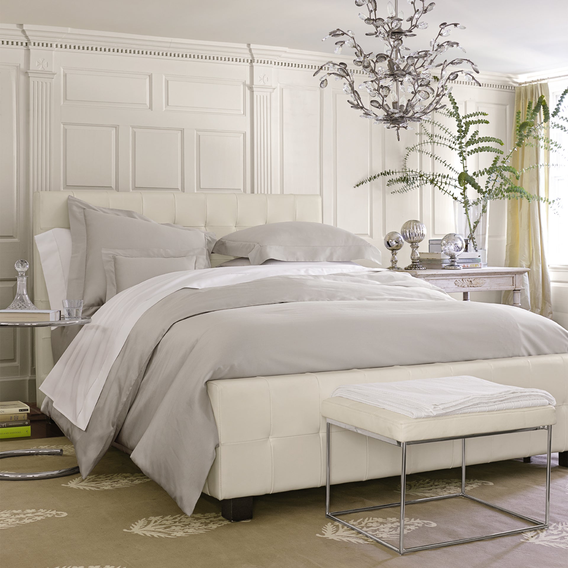 stresa sateen knife edge duvet cover in the color shadow features a button closure and ribbon ties inside each corner 