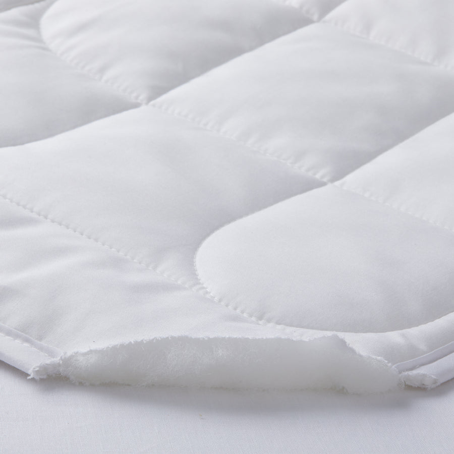 detail of the thermabalance mattress pad of 100% tencel fiber and a 100% cotton pad fabric shell outside